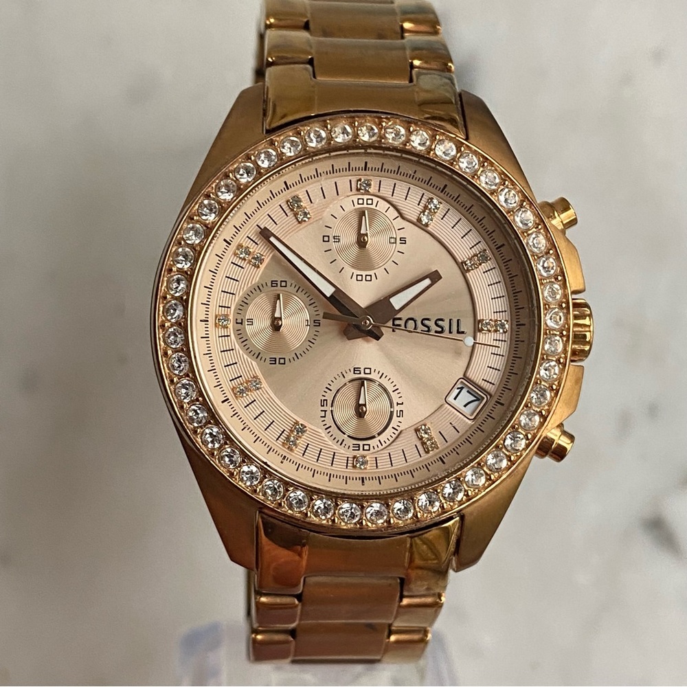 Fossil Chronograph Womens Rose Gold Crystal Bezel Watch w/ New Battery